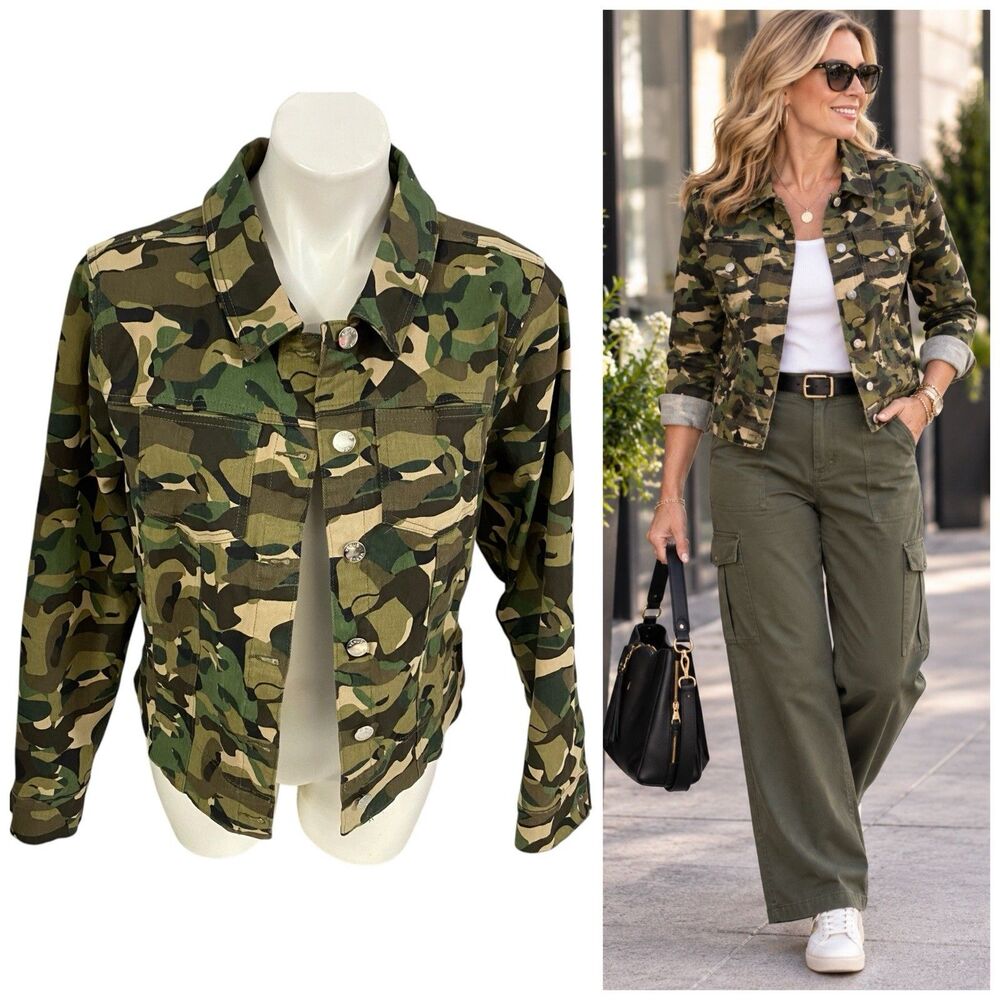 Venus Camo Jacket Womens Large Button Front Cotton Military Utility Y2K